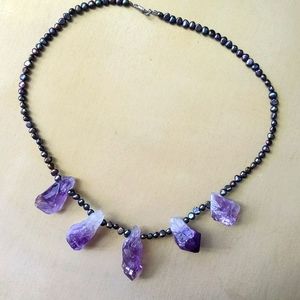 Handmade 18" peacock pearl and rough amethyst chunk necklace